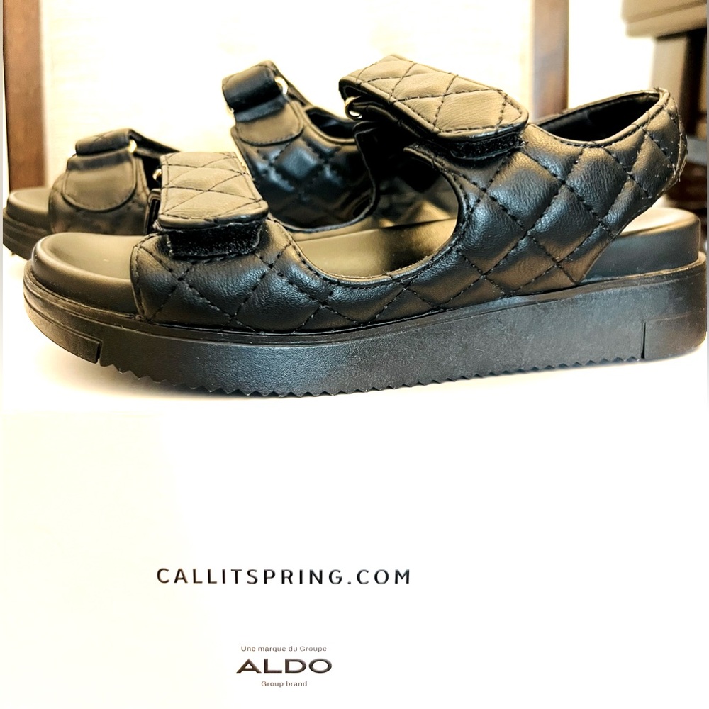 Call It Spring by Aldo Group, Black Vegan Leather Strap Sandal. Size 5 (US).